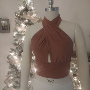 Handmade Elegant Brown Criss-Cross Halter Top
